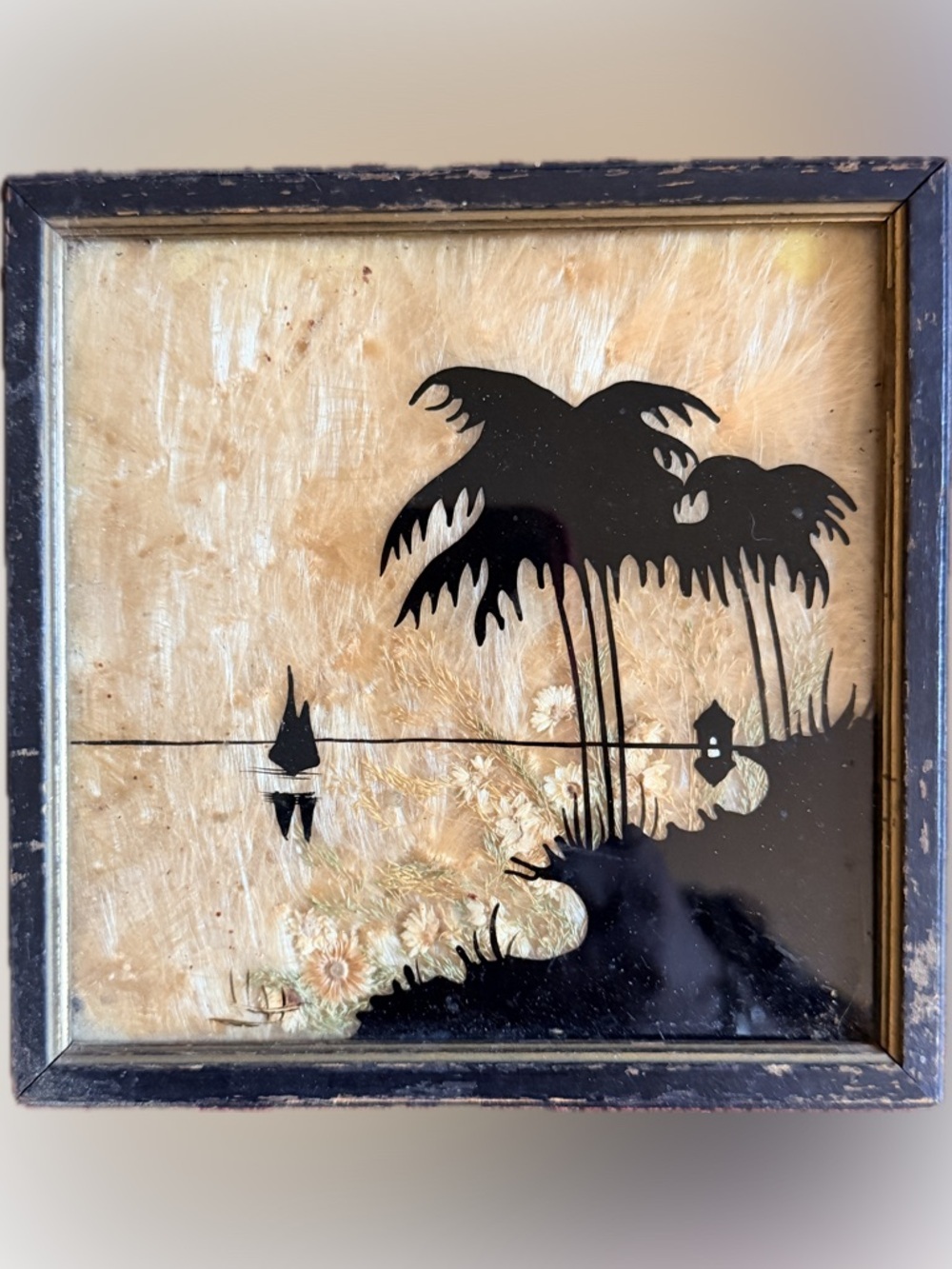 Vintage Reverse Painted Silhouette In Wooden Frame